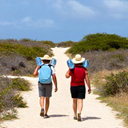 Caribbean Holidays, Aruba Walking Holidays, Travellers carrying water and wearing sun hats on a scenic walking route in Aruba