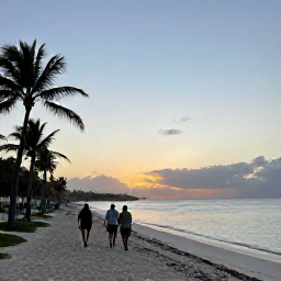Caribbean Holidays, Aruba Walking Holidays, Visitors enjoying a relaxed sunset walk along Eagle Beach in Aruba, with soft light, calm water and palm trees
