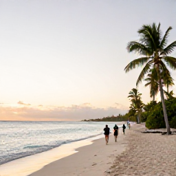 Caribbean Holidays, Aruba Walking Holidays, Visitors strolling along a quiet Aruba beach at sunrise with calm water, pale sand and palm trees