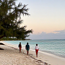 Caribbean Holidays, Aruba Walking Holidays, Visitors walking along the sandy shoreline near Eagle Beach in Aruba, with calm turquoise sea, fofoti trees and a warm evening sky