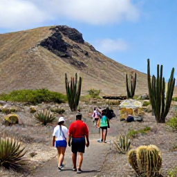Caribbean Holidays, Aruba Walking Holidays, Visitors walking through Aruba's Arikok National Park, surrounded by cacti, rugged hills and dry tropical scenery