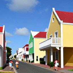 Caribbean Holidays, Aruba Walking Holidays, Visitors walking through colourful historic streets in Oranjestad Aruba with Dutch Caribbean architecture