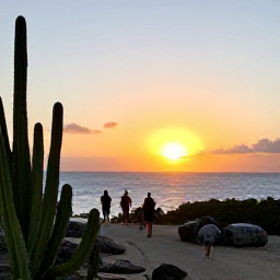 Caribbean Holidays, Aruba Walking Holidays, Walkers enjoying a sunset view over Aruba's coastline, with golden light, cacti and the Caribbean Sea
