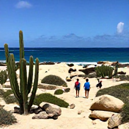 Caribbean Holidays, Aruba Walking Holidays, Walkers exploring a dramatic Aruban landscape of cacti, pale rocks and the blue Caribbean Sea near Arikok National Park