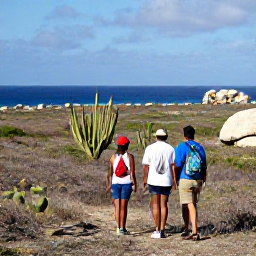 Caribbean Holidays, Aruba Walking Holidays, Walkers exploring a dry Aruban landscape in Arikok National Park, surrounded by cacti, boulders and distant blue sea