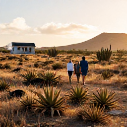 Caribbean Holidays, Aruba Walking Holidays, Walkers exploring a dry Aruban landscape with aloe plants, cacti, warm golden light and distant hills