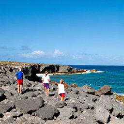 Caribbean Holidays, Aruba Walking Holidays, Walkers exploring Aruba&rsquo;s rugged northern coastline, with volcanic rocks, turquoise water and a wide blue sky