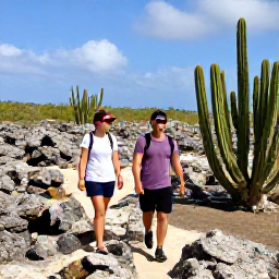 Caribbean Holidays, Aruba Walking Holidays, Walkers exploring the rocky landscape and distinctive cacti of Arikok National Park in Aruba