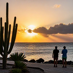 Caribbean Holidays, Aruba Walking Holidays, Walkers watching a golden sunset over Aruba&rsquo;s coastline, with silhouettes of cacti and the Caribbean Sea
