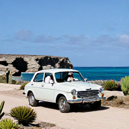 Caribbean Holidays, Aruba Weddings, A couple exploring Aruba after their wedding, driving past rugged coastline, cacti and the blue Caribbean under bright sunshine