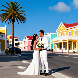 Caribbean Holidays, Aruba Weddings, A happy wedding couple exploring Oranjestad Aruba, with colourful colonial buildings, palm trees and bright Caribbean sunlight