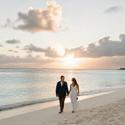 Caribbean Holidays, Aruba Weddings, A newly married couple walking along a quiet white-sand beach in Aruba at sunset, with calm turquoise water and a warm island atmosphere