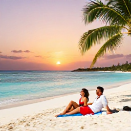 Caribbean Holidays, Aruba Weddings, A newlywed couple relaxing on an Aruba beach with turquoise water, palm trees and a colourful sunset, generic destination photograph