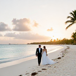 Caribbean Holidays, Aruba Weddings, A newlywed couple walking along a white sandy beach in Aruba at sunset, with calm turquoise water and palm trees
