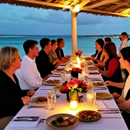 Caribbean Holidays, Aruba Weddings, A relaxed wedding reception in Aruba at a seaside restaurant, with tropical dishes, candles, flowers and guests enjoying the evening