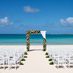 Caribbean Holidays, Aruba Weddings, An elegant beach wedding ceremony in Aruba with white chairs, a simple floral arch and turquoise Caribbean sea