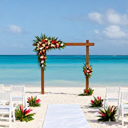 Caribbean Holidays, Aruba Weddings, An elegant beach wedding ceremony in Aruba with white chairs, tropical flowers, a simple arch and the Caribbean Sea in the background