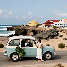 Caribbean Holidays, Aruba Weddings August, A couple exploring Aruba after their wedding, driving past rugged coastline, desert plants and colourful island buildings under a clear sky