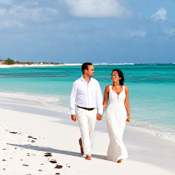 Caribbean Holidays, Aruba Weddings August, A newlywed couple walking along a sunny white-sand beach in Aruba in August, with turquoise sea and gentle trade winds