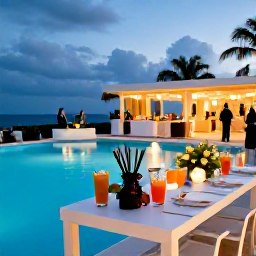 Caribbean Holidays, Aruba Weddings August, A stylish Aruba wedding reception beside a swimming pool, with tropical table decorations, chilled drinks and guests enjoying an August evening