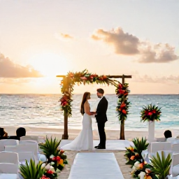 Caribbean Holidays, Aruba Weddings August, An elegant beach wedding ceremony in Aruba at sunset, with white chairs, tropical flowers and the Caribbean Sea behind the couple