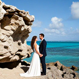 Caribbean Holidays, Aruba Weddings, Couple exploring Aruba after their wedding, standing beside a natural rock formation with bright blue sea