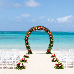 Caribbean Holidays, Aruba Weddings, Elegant beachfront wedding ceremony in Aruba with white chairs, tropical flowers and turquoise water
