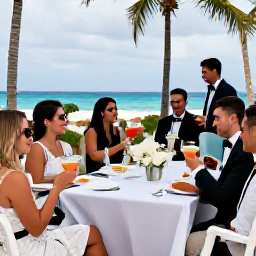Caribbean Holidays, Aruba Weddings, Happy wedding guests sharing cocktails at an outdoor Aruba reception with palm trees and ocean views