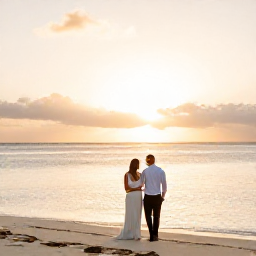 Caribbean Holidays, Aruba Weddings, Newly married couple walking barefoot beside a calm Caribbean sea at sunset in Aruba