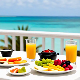 Caribbean Holidays, Aruba Wellness, A healthy colourful breakfast with tropical fruit and fresh juice on an Aruba terrace overlooking the sea