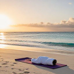 Caribbean Holidays, Aruba Wellness, A peaceful Aruba beach at sunrise in December, soft golden light, calm turquoise sea, a comfortable yoga mat and subtle wellness atmosphere