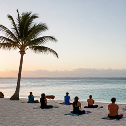 Caribbean Holidays, Aruba Wellness, A peaceful beachfront yoga class in Aruba at sunrise, small group on mats beside the sea, palm trees and calm blue water