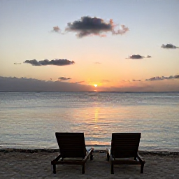 Caribbean Holidays, Aruba Wellness, A quiet Aruba beach at sunset with two loungers, calm sea, warm evening colours and a peaceful December holiday atmosphere