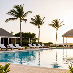 Caribbean Holidays, Aruba Wellness, A quiet Aruba resort pool surrounded by palm trees, comfortable loungers and soft afternoon sunshine