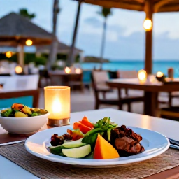 Caribbean Holidays, Aruba Wellness, A relaxed outdoor restaurant in Aruba serving colourful healthy Caribbean food, fresh fruit, salad and seafood, with palm trees and evening light
