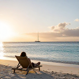 Caribbean Holidays, Aruba Wellness, A tranquil Aruba beach at sunrise in January, calm turquoise water, soft golden light, a person relaxing on a quiet lounger
