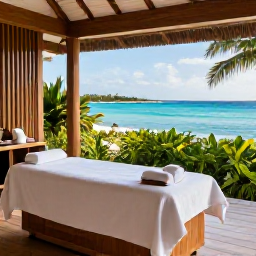 Caribbean Holidays, Aruba Wellness, A tranquil Aruba spa beside the sea, open-air treatment room, natural wood, white towels, tropical greenery and a calm December afternoon
