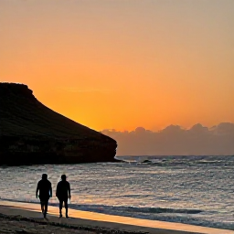 Caribbean Holidays, Aruba Wellness, A visitor enjoying a peaceful sunset walk along Aruba's coastline, warm orange sky, gentle waves and dramatic natural landscape