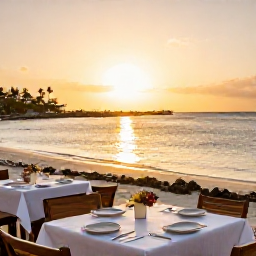 Caribbean Holidays, Aruba Wellness, Aruba sunset over a tranquil beach with outdoor dining, healthy Caribbean-inspired food and warm golden light