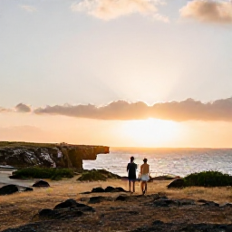 Caribbean Holidays, Aruba Wellness Break, Couple walking through a peaceful Aruban landscape at sunset with rugged coastline, warm light and open skies