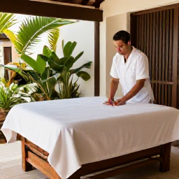 Caribbean Holidays, Aruba Wellness Break, Peaceful outdoor spa setting in Aruba with tropical plants, natural textures and a therapist preparing a relaxing treatment