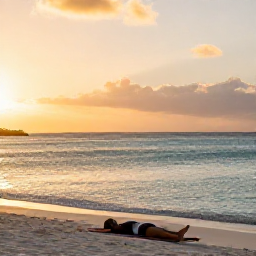 Caribbean Holidays, Aruba Wellness Break, Quiet Aruba beach at sunrise with soft golden light, calm turquoise water and a person relaxing on a yoga mat