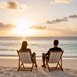 Caribbean Holidays, Aruba Wellness, Couple relaxing in comfortable chairs on an Aruba beach at sunset, warm evening light and calm sea