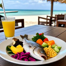 Caribbean Holidays, Aruba Wellness, Healthy colourful Caribbean meal at an outdoor Aruba restaurant, fresh fish, tropical fruit and vegetables with a relaxed sea view