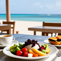 Caribbean Holidays, Aruba Wellness, Healthy colourful lunch with fresh fruit and vegetables at a relaxed seaside restaurant in Aruba, ocean view and bright natural light