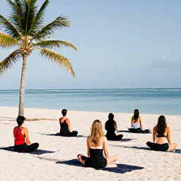 Caribbean Holidays, Aruba Wellness January, A peaceful outdoor yoga class beside an Aruba beach, with mats on pale sand, palm trees and calm blue water in the background