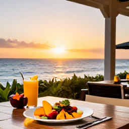 Caribbean Holidays, Aruba Wellness January, A relaxed Aruba restaurant terrace at sunset, serving colourful healthy island food and fresh fruit with a view of the sea