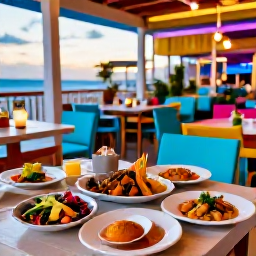 Caribbean Holidays, Aruba Wellness July, Colourful open-air restaurant in Oranjestad, Aruba, serving fresh seafood and tropical dishes in a relaxed evening setting