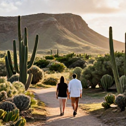 Caribbean Holidays, Aruba Wellness July, Couple walking through a peaceful cactus-filled landscape in Arikok National Park, Aruba, with rugged hills and warm afternoon light