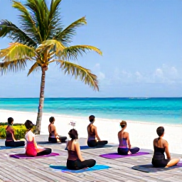 Caribbean Holidays, Aruba Wellness July, Outdoor yoga session beside an Aruba beach, small group on wooden deck with palm trees and bright blue sea